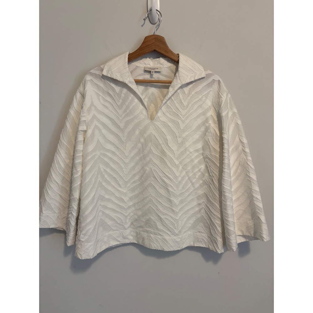 Lafayette 148 New York White Zebra Textured Cotton V-Neck Blouse Small FAB#1Q42